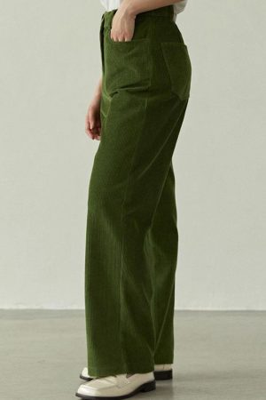 Cute Everyday Outfits, Outfit Inspo Casual Olive Green Wide-Leg Cord Trousers