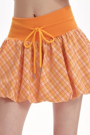 Cute Everyday Outfits, Outfit Inspo Casual Orange Checkered Bubble Skirt