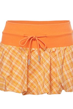 Cute Everyday Outfits, Outfit Inspo Casual Orange Checkered Bubble Skirt