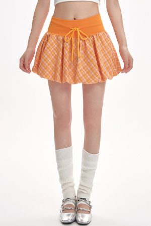 Cute Everyday Outfits, Outfit Inspo Casual Orange Checkered Bubble Skirt