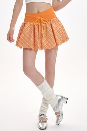 Cute Everyday Outfits, Outfit Inspo Casual Orange Checkered Bubble Skirt