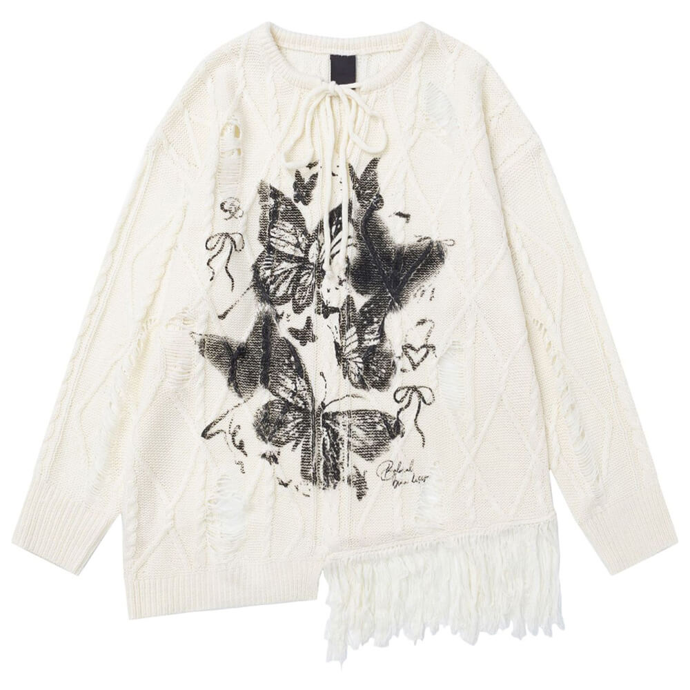 Cute Everyday Outfits, Outfit Inspo Casual Oversized Ripped Sweater with Butterfly Print Cute Everyday Outfits, Outfit Inspo Casual Oversized Ripped Sweater with Butterfly Print