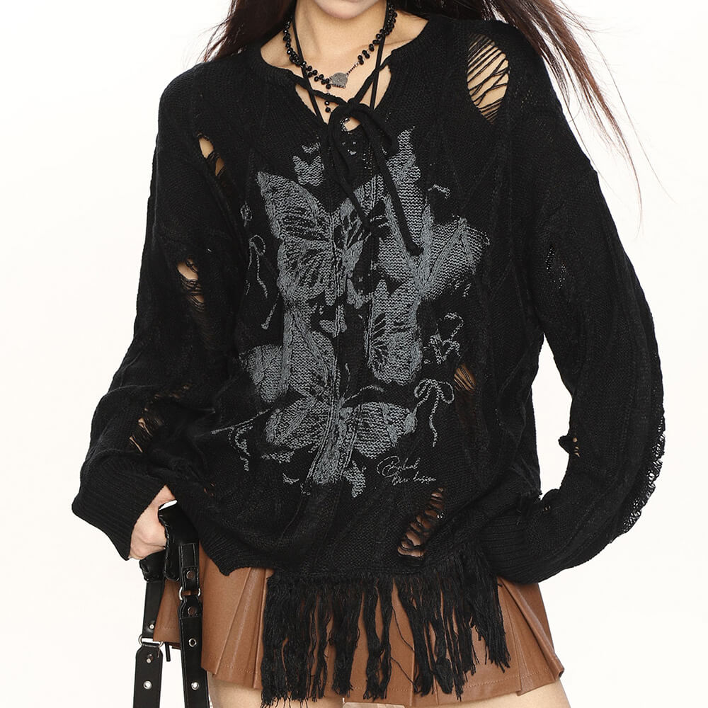 Cute Everyday Outfits, Outfit Inspo Casual Oversized Ripped Sweater with Butterfly Print Cute Everyday Outfits, Outfit Inspo Casual Oversized Ripped Sweater with Butterfly Print