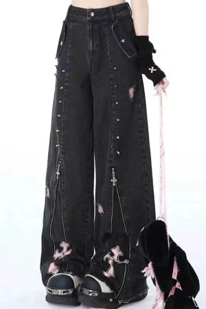 Cute Everyday Outfits, Outfit Inspo Casual Pastel Goth Cross Baggy Jeans