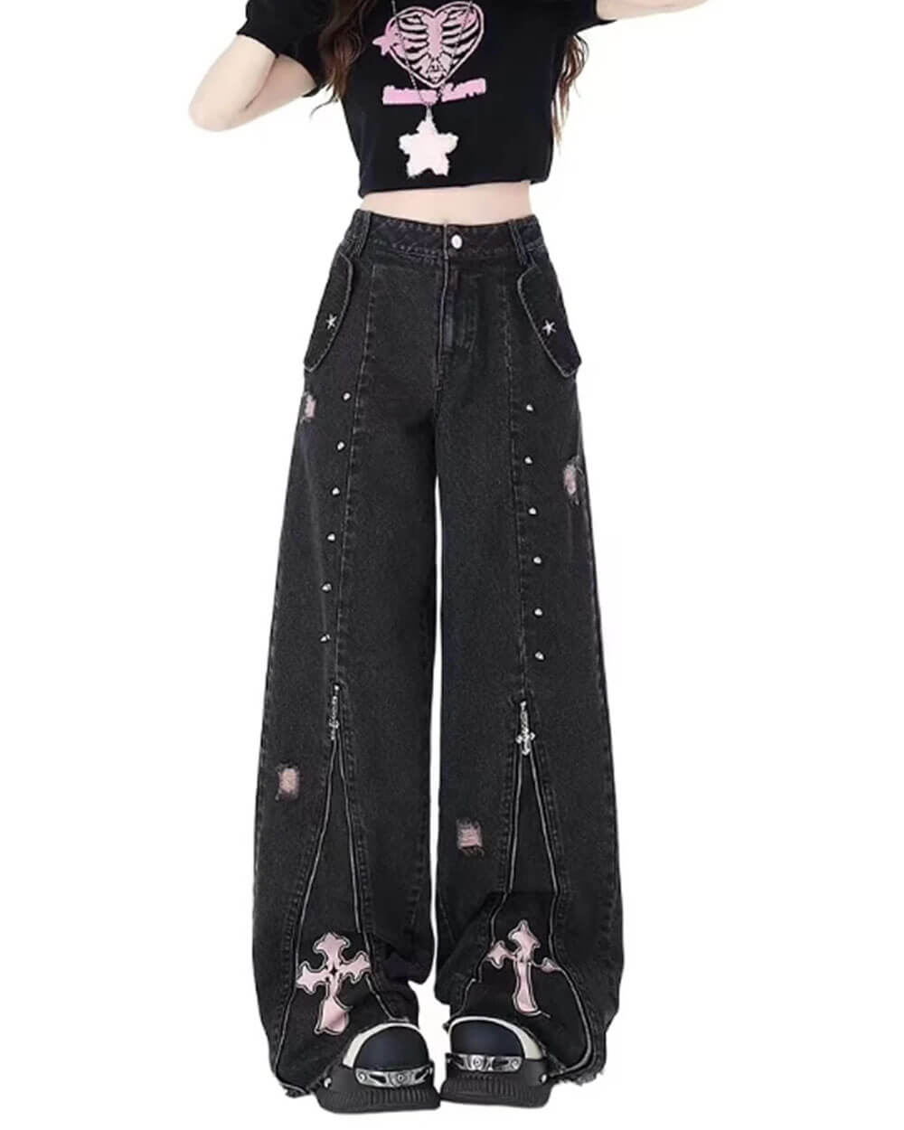 Cute Everyday Outfits, Outfit Inspo Casual Pastel Goth Cross Baggy Jeans Cute Everyday Outfits, Outfit Inspo Casual Pastel Goth Cross Baggy Jeans