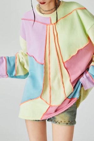 Cute Everyday Outfits, Outfit Inspo Casual Pastel Patchwork Oversized Sweatshirt