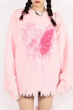 Cute Everyday Outfits, Outfit Inspo Casual Pastel Pink Butterfly Sweater