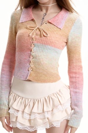 Cute Everyday Outfits, Outfit Inspo Casual Pastel Rainbow Knit Top