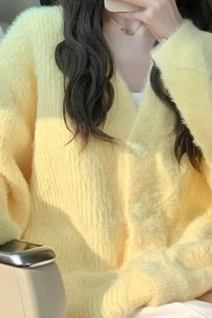 Cute Everyday Outfits, Outfit Inspo Casual Pastel Yellow Fuzzy Cardigan