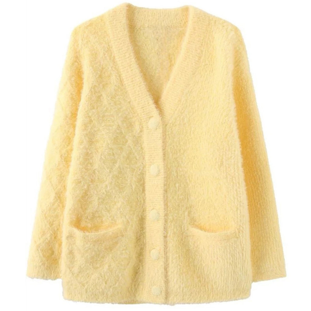 Cute Everyday Outfits, Outfit Inspo Casual Pastel Yellow Fuzzy Cardigan