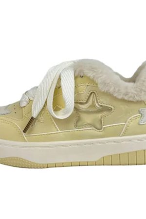 Cute Everyday Outfits, Outfit Inspo Casual Pastel Yellow Star Fur-Lined Sneakers