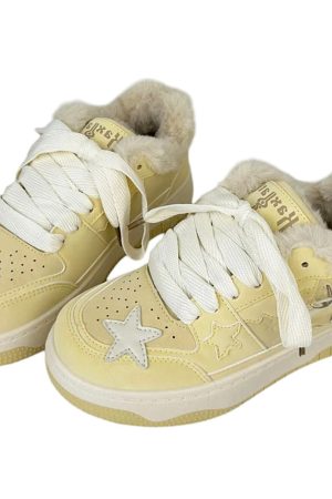 Cute Everyday Outfits, Outfit Inspo Casual Pastel Yellow Star Fur-Lined Sneakers