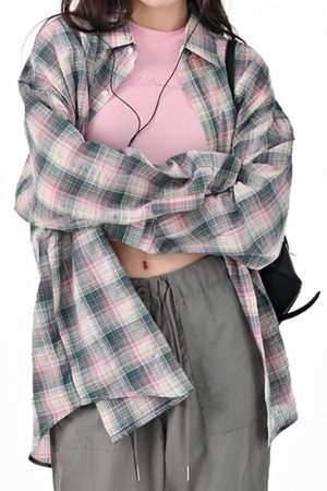 Cute Everyday Outfits, Outfit Inspo Casual Pink and Green Plaid Button-Up Shirt