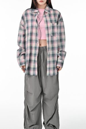 Cute Everyday Outfits, Outfit Inspo Casual Pink and Green Plaid Button-Up Shirt