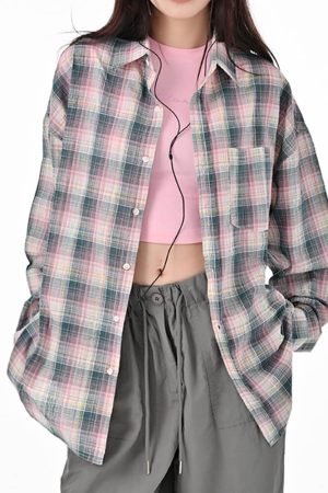 Cute Everyday Outfits, Outfit Inspo Casual Pink and Green Plaid Button-Up Shirt