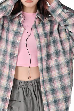 Cute Everyday Outfits, Outfit Inspo Casual Pink and Green Plaid Button-Up Shirt