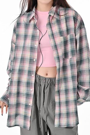 Cute Everyday Outfits, Outfit Inspo Casual Pink and Green Plaid Button-Up Shirt