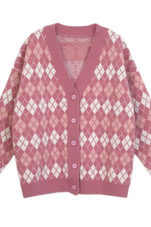 Cute Everyday Outfits, Outfit Inspo Casual Pink Argyle Knit Cardigan