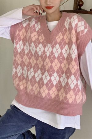 Cute Everyday Outfits, Outfit Inspo Casual Pink Argyle Knit Cardigan