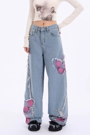 Cute Everyday Outfits, Outfit Inspo Casual Pink Butterfly Wide Leg Jeans