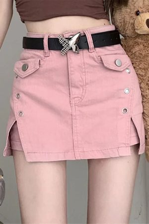 Cute Everyday Outfits, Outfit Inspo Casual Pink Denim Skort with Butterfly Belt