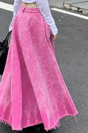 Cute Everyday Outfits, Outfit Inspo Casual Pink Distressed Denim Maxi Skirt