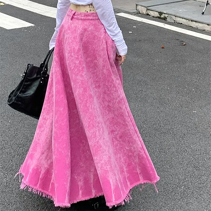 Cute Everyday Outfits, Outfit Inspo Casual Pink Distressed Denim Maxi Skirt Cute Everyday Outfits, Outfit Inspo Casual Pink Distressed Denim Maxi Skirt