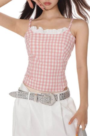 Cute Everyday Outfits, Outfit Inspo Casual Pink Gingham Lace Trim Cami Top