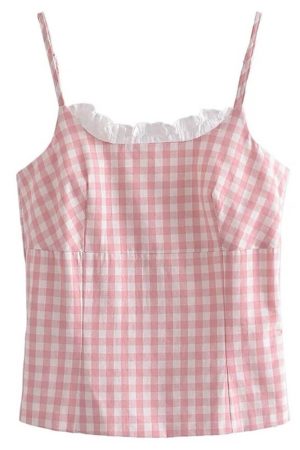 Cute Everyday Outfits, Outfit Inspo Casual Pink Gingham Lace Trim Cami Top