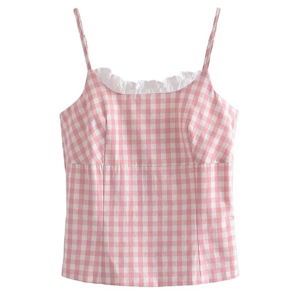 Cute Everyday Outfits, Outfit Inspo Casual Pink Gingham Lace Trim Cami Top