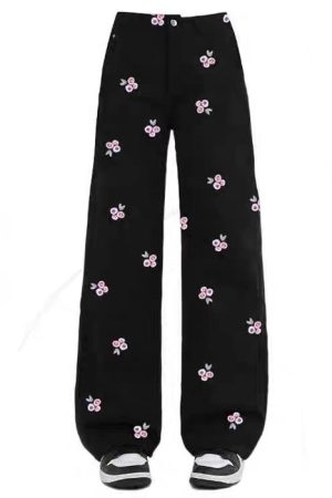 Cute Everyday Outfits, Outfit Inspo Casual Pink Rose Embroidery Wide Leg Pants