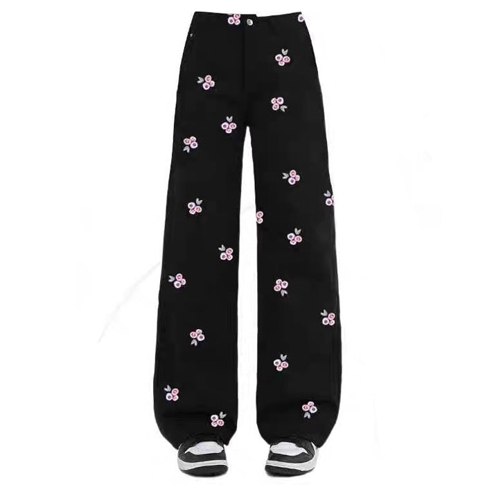 Cute Everyday Outfits, Outfit Inspo Casual Pink Rose Embroidery Wide Leg Pants