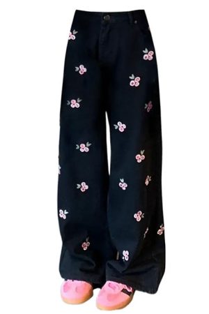 Cute Everyday Outfits, Outfit Inspo Casual Pink Rose Embroidery Wide Leg Pants