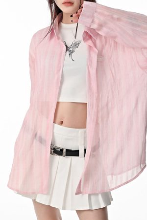 Cute Everyday Outfits, Outfit Inspo Casual Pink Sheer Oversized Shirt