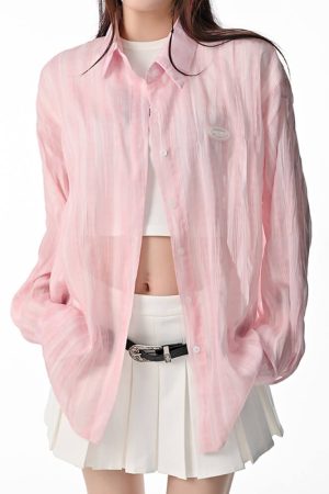 Cute Everyday Outfits, Outfit Inspo Casual Pink Sheer Oversized Shirt