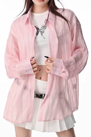 Cute Everyday Outfits, Outfit Inspo Casual Pink Sheer Oversized Shirt