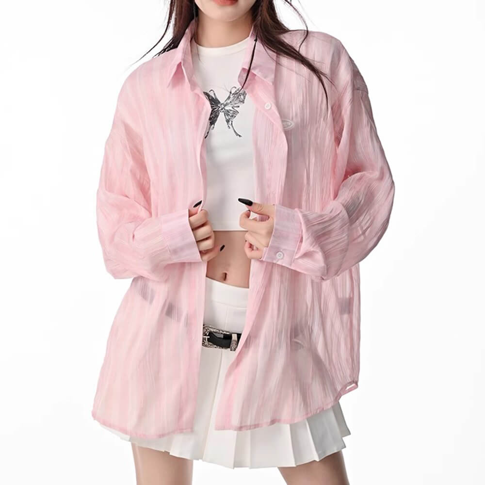 Cute Everyday Outfits, Outfit Inspo Casual Pink Sheer Oversized Shirt