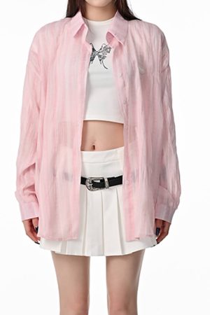 Cute Everyday Outfits, Outfit Inspo Casual Pink Sheer Oversized Shirt