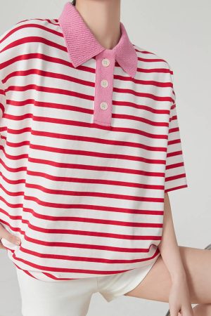 Cute Everyday Outfits, Outfit Inspo Casual Pink Stripe Skater Polo Shirt
