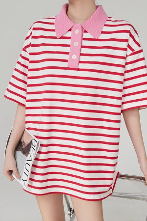 Cute Everyday Outfits, Outfit Inspo Casual Pink Stripe Skater Polo Shirt