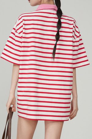 Cute Everyday Outfits, Outfit Inspo Casual Pink Stripe Skater Polo Shirt