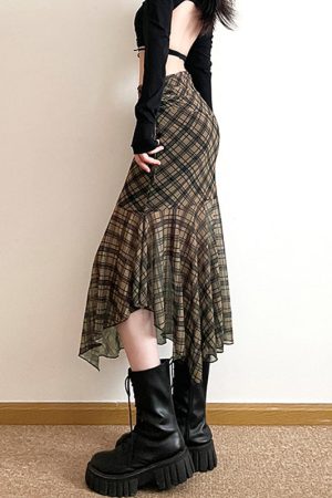 Cute Everyday Outfits, Outfit Inspo Casual Plaid Asymmetrical Mesh Skirt