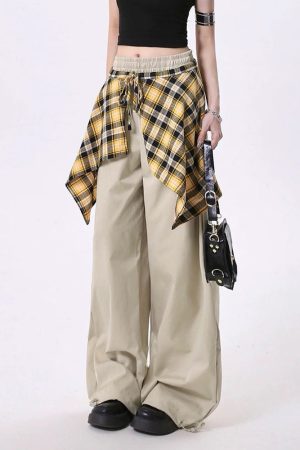 Cute Everyday Outfits, Outfit Inspo Casual Plaid Shirt-Tied Baggy Trousers