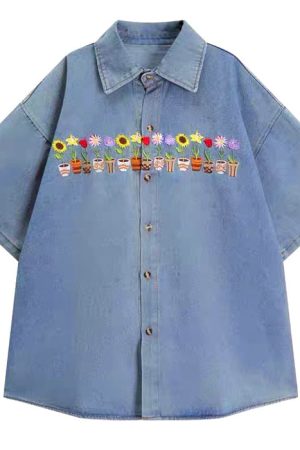 Cute Everyday Outfits, Outfit Inspo Casual Plants & Pots Embroidery Denim Shirt
