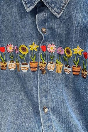 Cute Everyday Outfits, Outfit Inspo Casual Plants & Pots Embroidery Denim Shirt