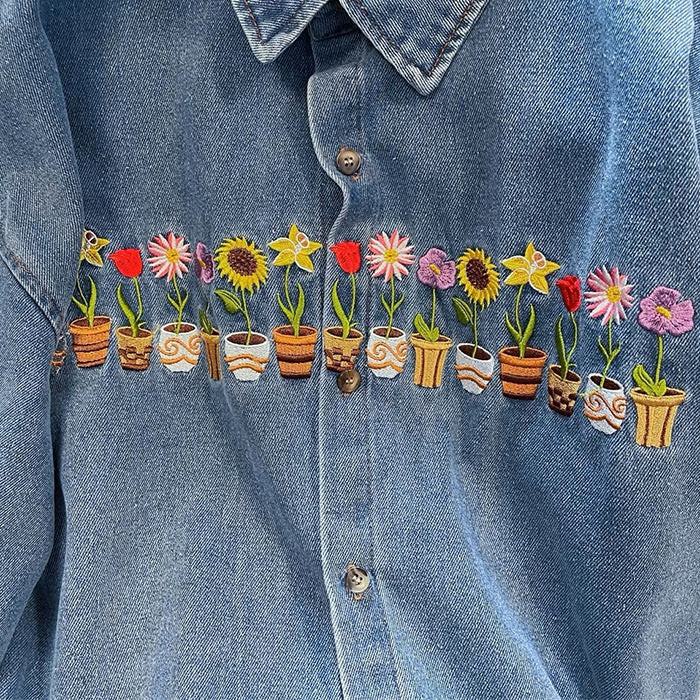 Cute Everyday Outfits, Outfit Inspo Casual Plants & Pots Embroidery Denim Shirt Cute Everyday Outfits, Outfit Inspo Casual Plants & Pots Embroidery Denim Shirt