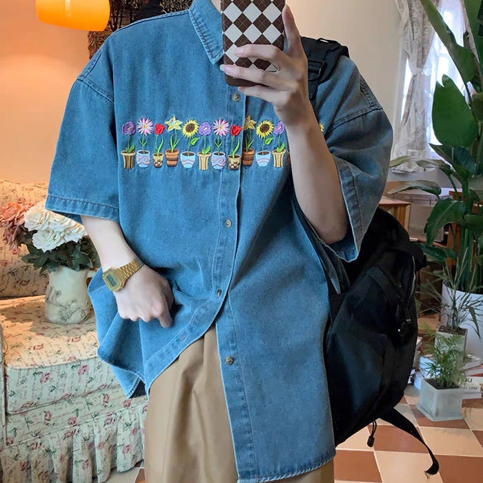 Cute Everyday Outfits, Outfit Inspo Casual Plants & Pots Embroidery Denim Shirt Cute Everyday Outfits, Outfit Inspo Casual Plants & Pots Embroidery Denim Shirt