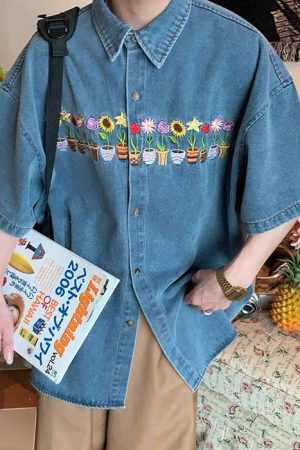 Cute Everyday Outfits, Outfit Inspo Casual Plants & Pots Embroidery Denim Shirt