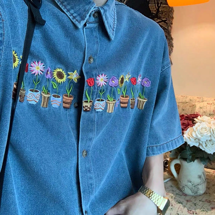 Cute Everyday Outfits, Outfit Inspo Casual Plants & Pots Embroidery Denim Shirt Cute Everyday Outfits, Outfit Inspo Casual Plants & Pots Embroidery Denim Shirt