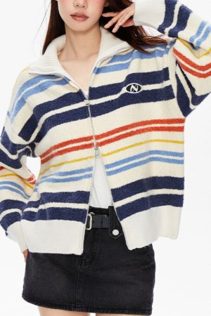 Cute Everyday Outfits, Outfit Inspo Casual Prep School Striped Zip Up Long Sleeve